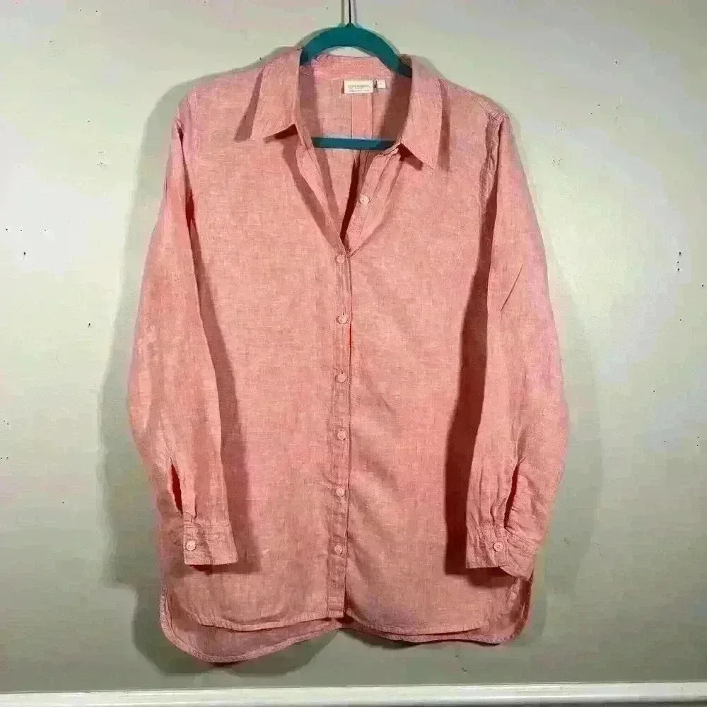 Spartina Women’s Long Sleeve Pink Buttom Down Shirts Size Large 100% Linen